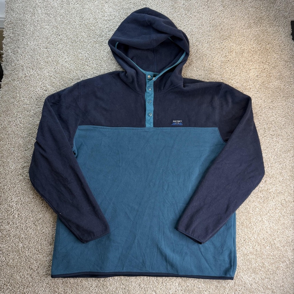 Y2K Old Navy Hoodie Mens XL Blue Fleece Henley Button Pullover Logo Sweatshirt